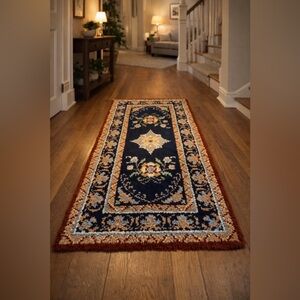 Vintage European Cottagecore Wool Blend Runner Rug 27x51 Navy Rust • Heritage